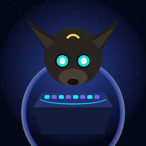 Chud, a dark round robot dog with cyan LED eyes, a gold brow mark, pointed ears, and a chest of violet and cyan lights on a night sky.